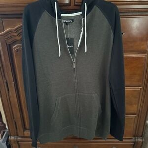 Men's Black and Gray full zip up workout jacket with hoodie. New